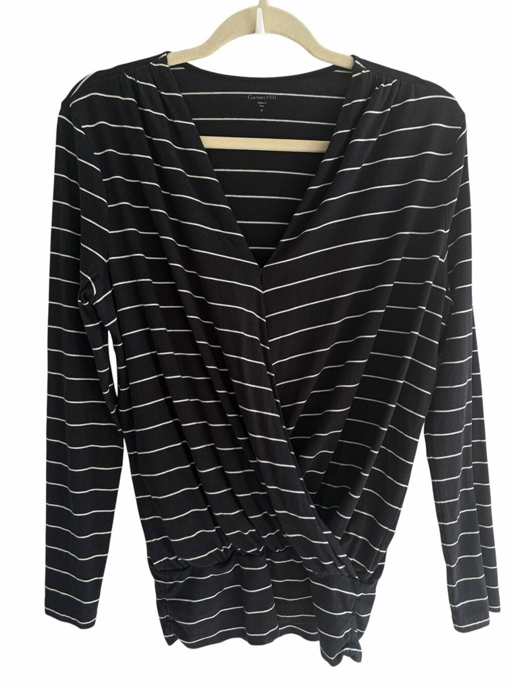 Garnet Hill Black White Striped Surplice Wrap Top Women’s Sz Medium Long Sleeve